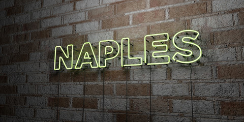 NAPLES - Glowing Neon Sign on stonework wall - 3D rendered royalty free stock illustration.  Can be used for online banner ads and direct mailers..