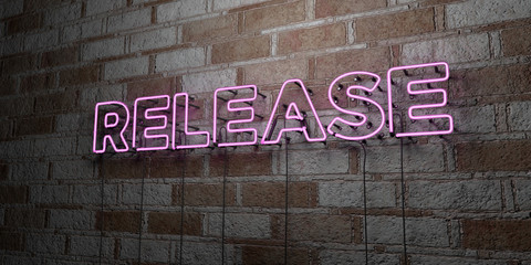 Fototapeta na wymiar RELEASE - Glowing Neon Sign on stonework wall - 3D rendered royalty free stock illustration. Can be used for online banner ads and direct mailers..