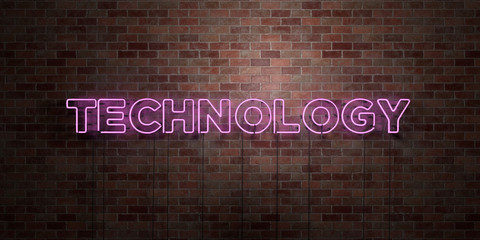 TECHNOLOGY - fluorescent Neon tube Sign on brickwork - Front view - 3D rendered royalty free stock picture. Can be used for online banner ads and direct mailers..