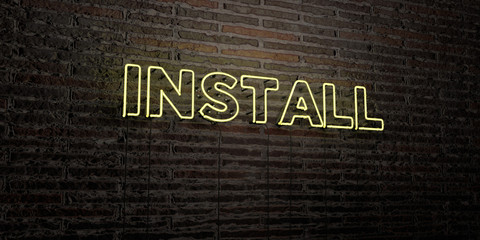 INSTALL -Realistic Neon Sign on Brick Wall background - 3D rendered royalty free stock image. Can be used for online banner ads and direct mailers..