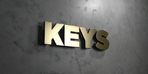 Keys - Gold sign mounted on glossy marble wall  - 3D rendered royalty free stock illustration. This image can be used for an online website banner ad or a print postcard.