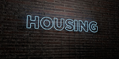 HOUSING -Realistic Neon Sign on Brick Wall background - 3D rendered royalty free stock image. Can be used for online banner ads and direct mailers..