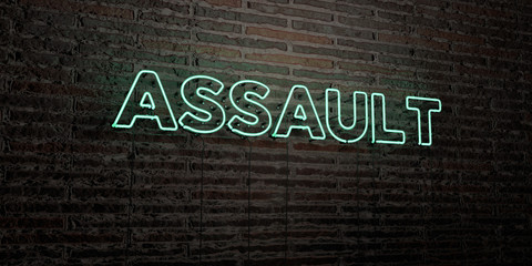 ASSAULT -Realistic Neon Sign on Brick Wall background - 3D rendered royalty free stock image. Can be used for online banner ads and direct mailers..
