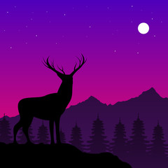 Reindeer with Pine Tree and Mountain Night Scene