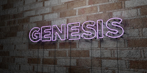 GENESIS - Glowing Neon Sign on stonework wall - 3D rendered royalty free stock illustration.  Can be used for online banner ads and direct mailers..