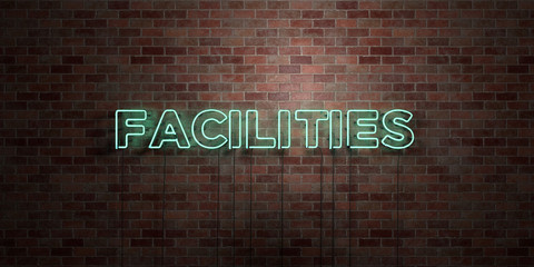 FACILITIES - fluorescent Neon tube Sign on brickwork - Front view - 3D rendered royalty free stock picture. Can be used for online banner ads and direct mailers..