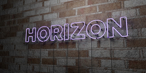 HORIZON - Glowing Neon Sign on stonework wall - 3D rendered royalty free stock illustration.  Can be used for online banner ads and direct mailers..