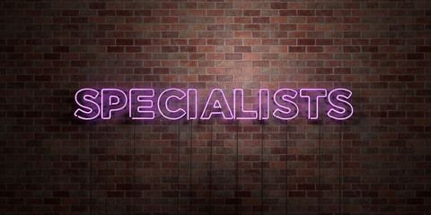 SPECIALISTS - fluorescent Neon tube Sign on brickwork - Front view - 3D rendered royalty free stock picture. Can be used for online banner ads and direct mailers..