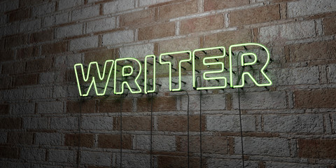WRITER - Glowing Neon Sign on stonework wall - 3D rendered royalty free stock illustration.  Can be used for online banner ads and direct mailers..