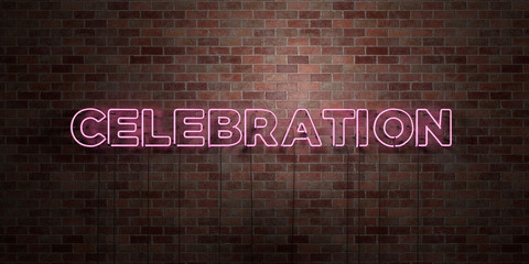 CELEBRATION - fluorescent Neon tube Sign on brickwork - Front view - 3D rendered royalty free stock picture. Can be used for online banner ads and direct mailers..