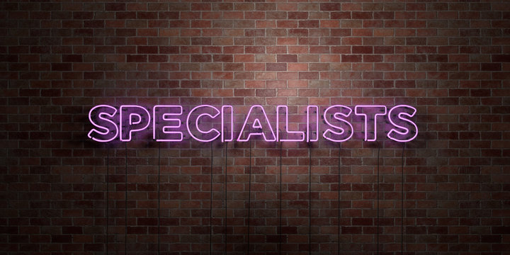 SPECIALISTS - fluorescent Neon tube Sign on brickwork - Front view - 3D rendered royalty free stock picture. Can be used for online banner ads and direct mailers..