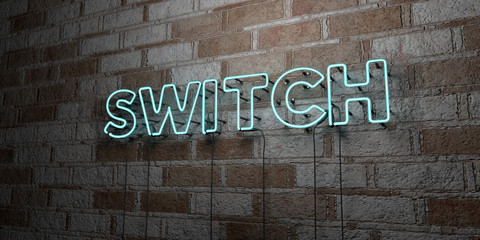 SWITCH - Glowing Neon Sign on stonework wall - 3D rendered royalty free stock illustration.  Can be used for online banner ads and direct mailers..