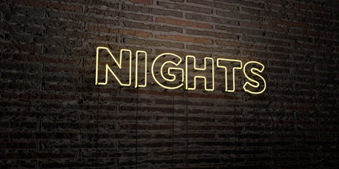NIGHTS -Realistic Neon Sign on Brick Wall background - 3D rendered royalty free stock image. Can be used for online banner ads and direct mailers..