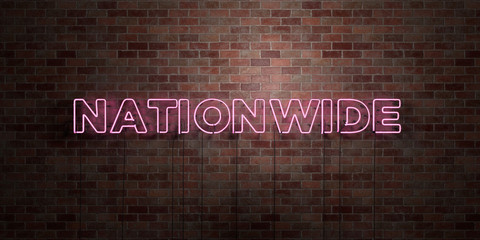 NATIONWIDE - fluorescent Neon tube Sign on brickwork - Front view - 3D rendered royalty free stock picture. Can be used for online banner ads and direct mailers..
