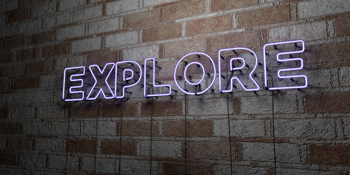 EXPLORE - Glowing Neon Sign on stonework wall - 3D rendered royalty free stock illustration.  Can be used for online banner ads and direct mailers..