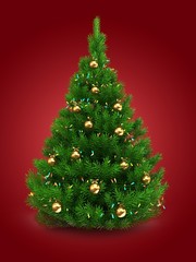 3d illustration of green Christmas tree over red background with lights and golden balls