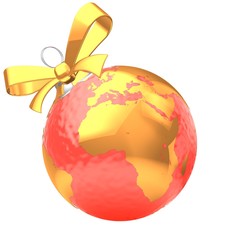 3d illustration of red Christmas ball over white background with earth map and yellow ribbon