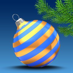 3d illustration of blue Christmas ball over blue background with diagonal lines and christmas tree branch