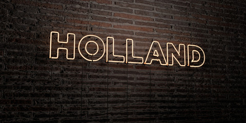 HOLLAND -Realistic Neon Sign on Brick Wall background - 3D rendered royalty free stock image. Can be used for online banner ads and direct mailers..