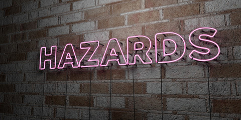HAZARDS - Glowing Neon Sign on stonework wall - 3D rendered royalty free stock illustration.  Can be used for online banner ads and direct mailers..