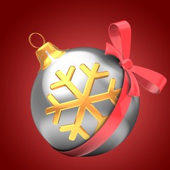 3d illustration of silver Christmas ball over red background with golden snowflake and red bow