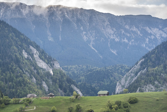 Romanian landscape in the Carpathian Mountains near Bran Castle at Pestera, Transylvania, Romania