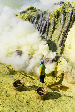 Sulphur worker mining sulphur at the bottom of the crater, Kawah Ijen, Java, Indonesia