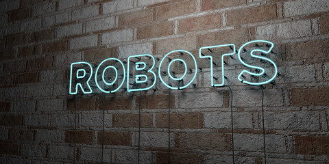 ROBOTS - Glowing Neon Sign on stonework wall - 3D rendered royalty free stock illustration.  Can be used for online banner ads and direct mailers..