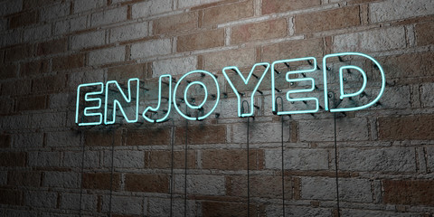 ENJOYED - Glowing Neon Sign on stonework wall - 3D rendered royalty free stock illustration.  Can be used for online banner ads and direct mailers..