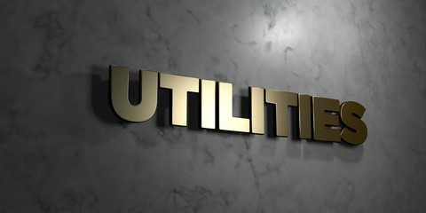 Utilities - Gold sign mounted on glossy marble wall  - 3D rendered royalty free stock illustration. This image can be used for an online website banner ad or a print postcard.