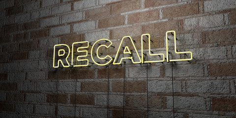 RECALL - Glowing Neon Sign on stonework wall - 3D rendered royalty free stock illustration.  Can be used for online banner ads and direct mailers..