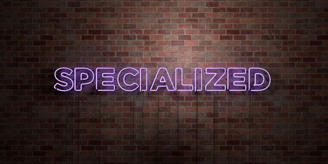 SPECIALIZED - fluorescent Neon tube Sign on brickwork - Front view - 3D rendered royalty free stock picture. Can be used for online banner ads and direct mailers..