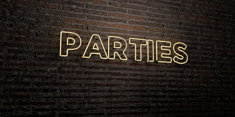 PARTIES -Realistic Neon Sign on Brick Wall background - 3D rendered royalty free stock image. Can be used for online banner ads and direct mailers..