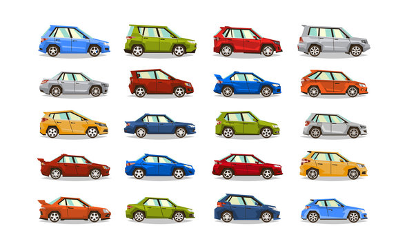Big set of cars. Collection vehicle. Sedan, hatchback, roadster, SUV. The image of toy machines. Isolated objects on a white background. Vector illustration. Flat style