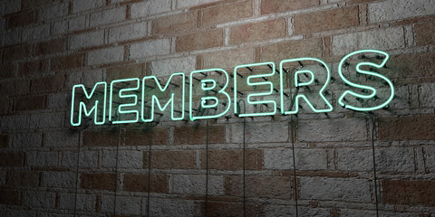 MEMBERS - Glowing Neon Sign on stonework wall - 3D rendered royalty free stock illustration.  Can be used for online banner ads and direct mailers..