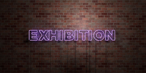 EXHIBITION - fluorescent Neon tube Sign on brickwork - Front view - 3D rendered royalty free stock picture. Can be used for online banner ads and direct mailers..