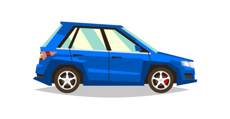 Blue car SUV. Side view. Transport for travel. Gas engine. Alloy wheels. Vector illustration. Flat style