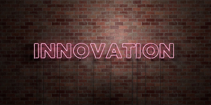 INNOVATION - fluorescent Neon tube Sign on brickwork - Front view - 3D rendered royalty free stock picture. Can be used for online banner ads and direct mailers..
