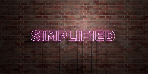 SIMPLIFIED - fluorescent Neon tube Sign on brickwork - Front view - 3D rendered royalty free stock picture. Can be used for online banner ads and direct mailers..