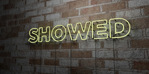 SHOWED - Glowing Neon Sign on stonework wall - 3D rendered royalty free stock illustration.  Can be used for online banner ads and direct mailers..