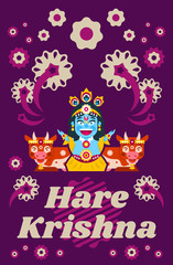 Fototapeta na wymiar Creative poster illustration on Hare Krishna. Lord Krishna sitting in cows environment. Decorations, holiday, lotus posture, meditation, animal, peacock tail. Fireworks, Flowers. Flat style