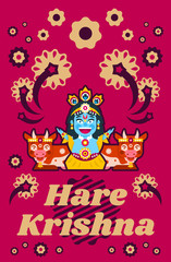 Creative poster illustration on Hare Krishna. Lord Krishna sitting in cows environment. Decorations, holiday, lotus posture, meditation, animal, peacock tail. Fireworks, Flowers. Flat style