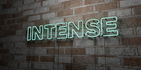 INTENSE - Glowing Neon Sign on stonework wall - 3D rendered royalty free stock illustration.  Can be used for online banner ads and direct mailers..