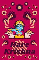 Creative poster illustration on Hare Krishna. Lord Krishna sitting in the lotus position, in jewelry, plays the flute in goats environment. Music, deity, animals. Fireworks, Flowers.. Flat style