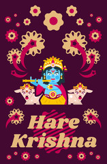 Creative poster illustration on Hare Krishna. Lord Krishna sitting in the lotus position, in jewelry, plays the flute in goats environment. Music, deity, animals. Fireworks, Flowers.. Flat style