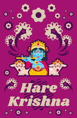 Obraz na płótnie Canvas Creative poster illustration on Hare Krishna. Lord Krishna sitting in the lotus position, in jewelry, plays the flute in goats environment. Music, deity, animals. Fireworks, Flowers.. Flat style