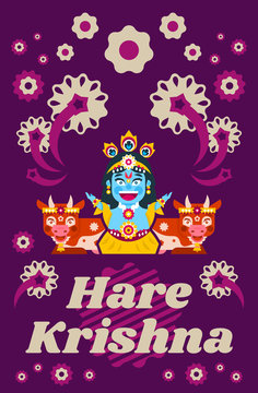Creative poster illustration on Hare Krishna. Lord Krishna sitting in cows environment. Decorations, holiday, lotus posture, meditation, animal, peacock tail. Fireworks, Flowers. Flat style © kostymo