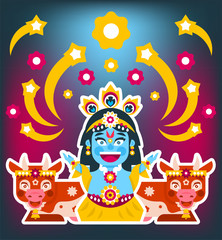 Lord Krishna sitting in cows environment. Decorations, holiday, lotus posture, meditation. Fireworks, flowers. Vector illustration. Flat style