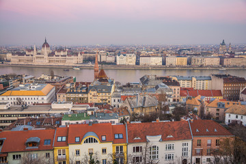 panoramic views to budapest parliament at sunrise, hungary