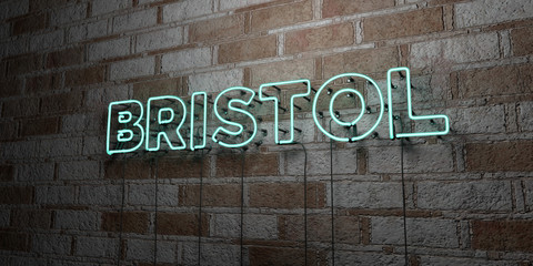 BRISTOL - Glowing Neon Sign on stonework wall - 3D rendered royalty free stock illustration.  Can be used for online banner ads and direct mailers..